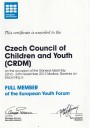 Certifikát, stvrzující plné členství České rady dětí a mládeže v Evropském fóru mládeže 